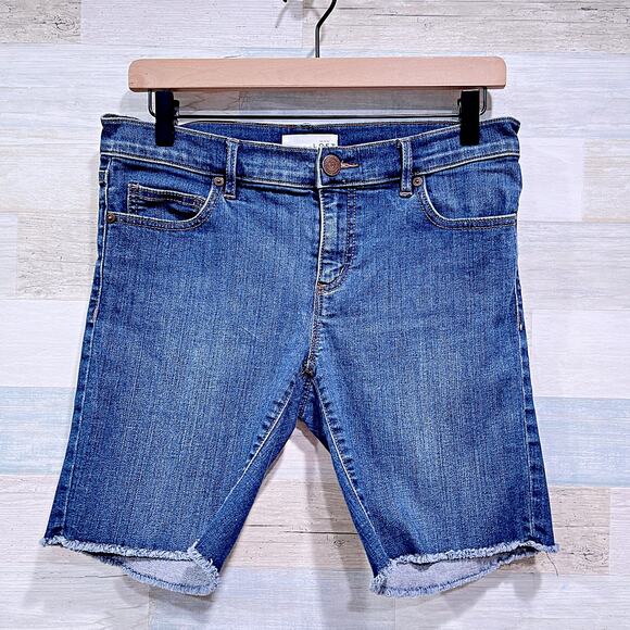 LOFT Denim Cut Off Bermuda Jean Shorts Dark Wash Mid Rise Stretch Womens 4 27 - Picture 1 of 7